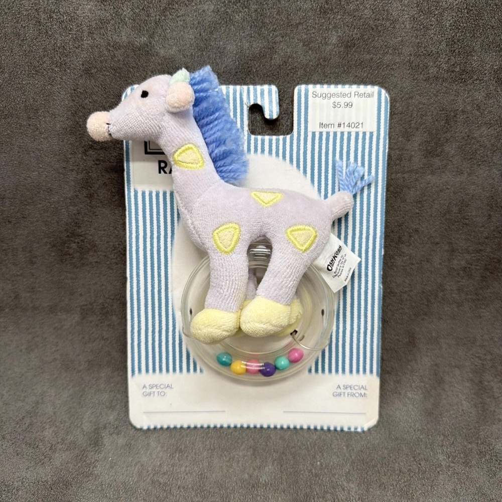 Vintage Toys R Us Oshkosh B'gosh Lavender Giraffe Plush With Rattle Ring Beads